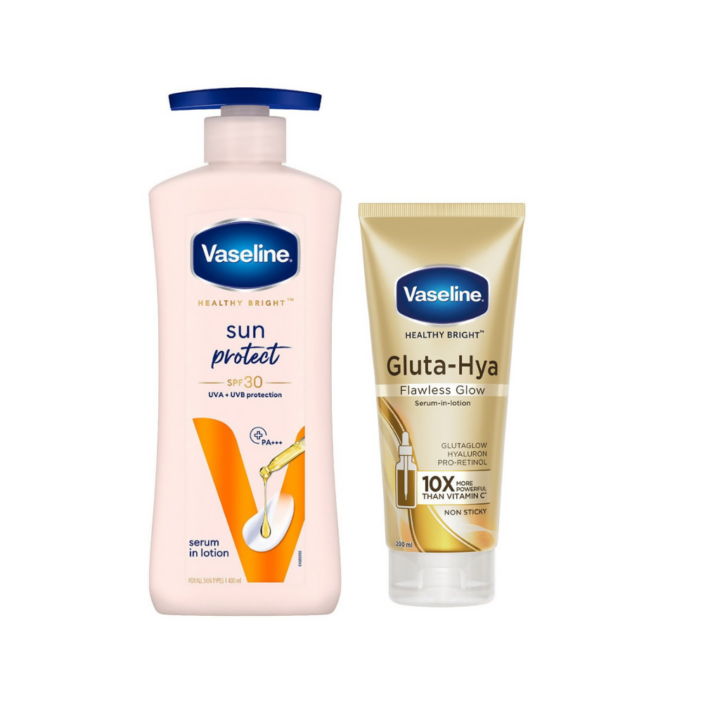 Vaseline Sun Protect SPF 30 Body Lotion & Gluta-Hya Flawless Glow Serum-In-Lotion Combo | Grocsy
