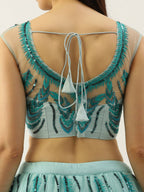 House of Panchhi Seagreen Net Sequins Embroidered Lehenga & Blouse with Dupatta | Grocsy