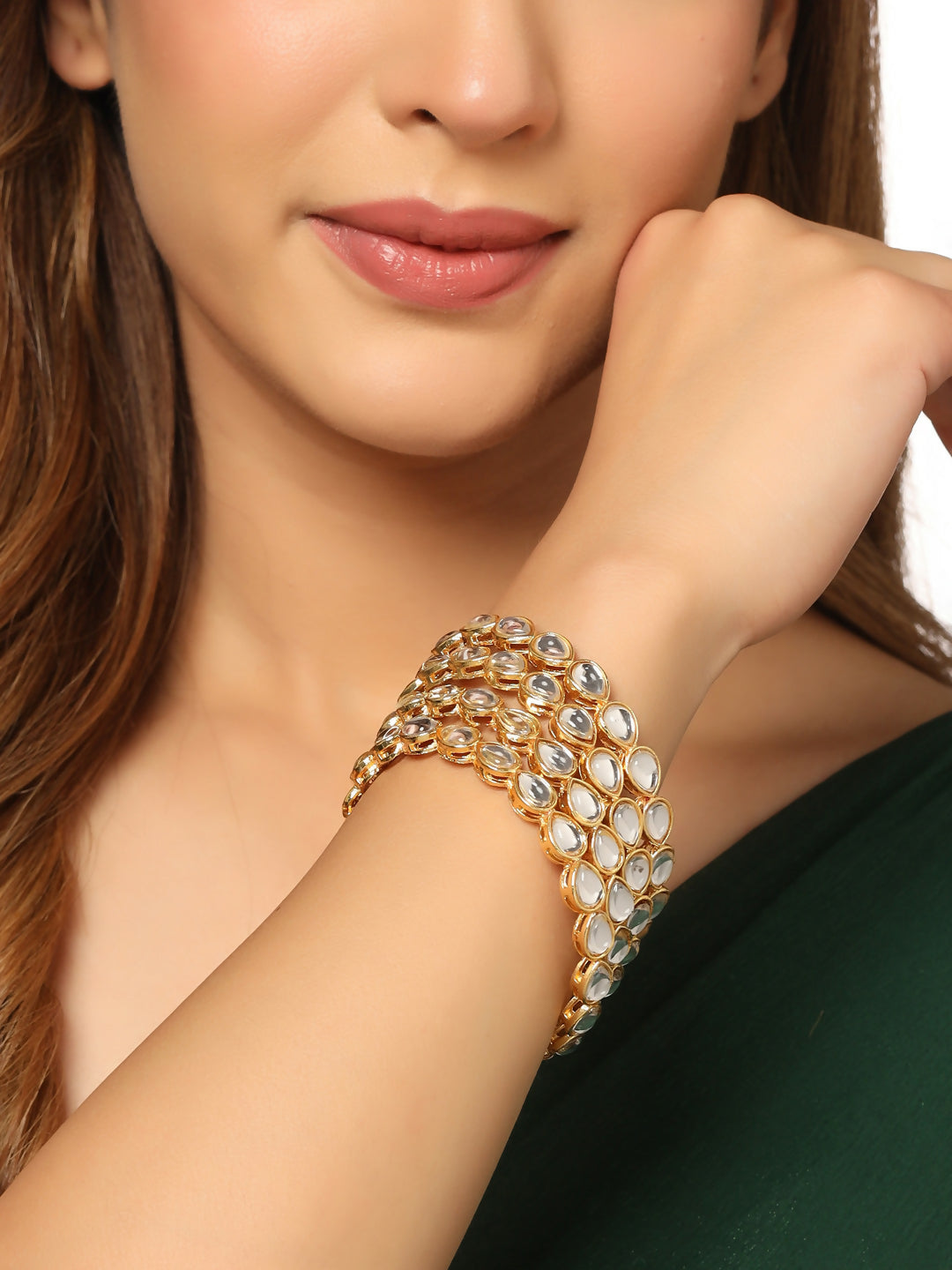 NVR Women's Set of 4 Gold-Polished Kundan Studded Traditional Bangles | Grocsy