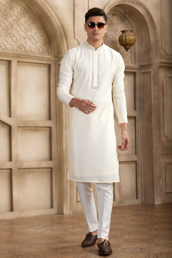 Raivat Ethnic Banarasi Art Silk Mirror Work Kurta Pajama In Cream Colour | Grocsy