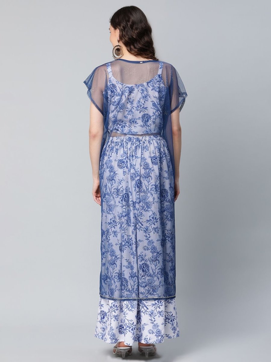 Ahalyaa Women Blue Crepe Printed Top with Skirt with Net Overlay | Grocsy