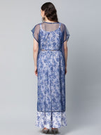 Ahalyaa Women Blue Crepe Printed Top with Skirt with Net Overlay | Grocsy