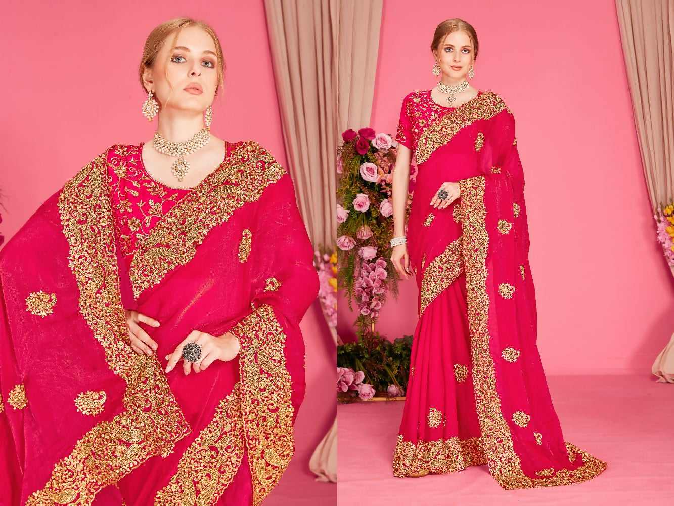 PR Fashion Rani Fendi Two Tone Silk Heavy Zari Embroidery Work With Heavy Zircon Work Saree | Grocsy