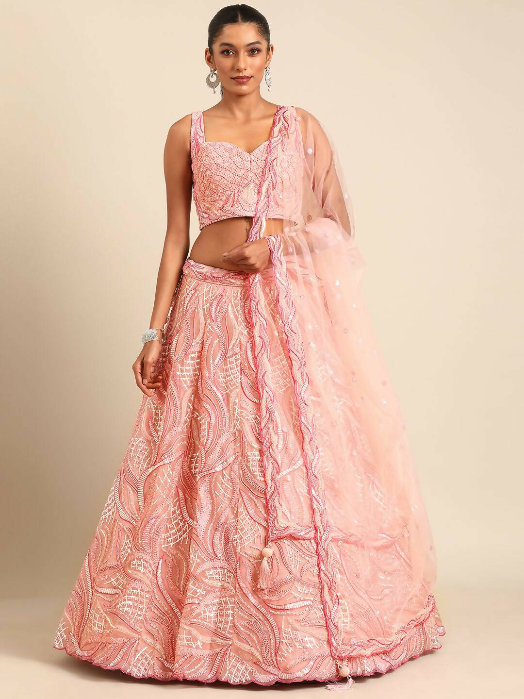 House of Panchhi Coral Pink Net Sequins and Zarkan embroidery Lehenga choli & Dupatta | Grocsy