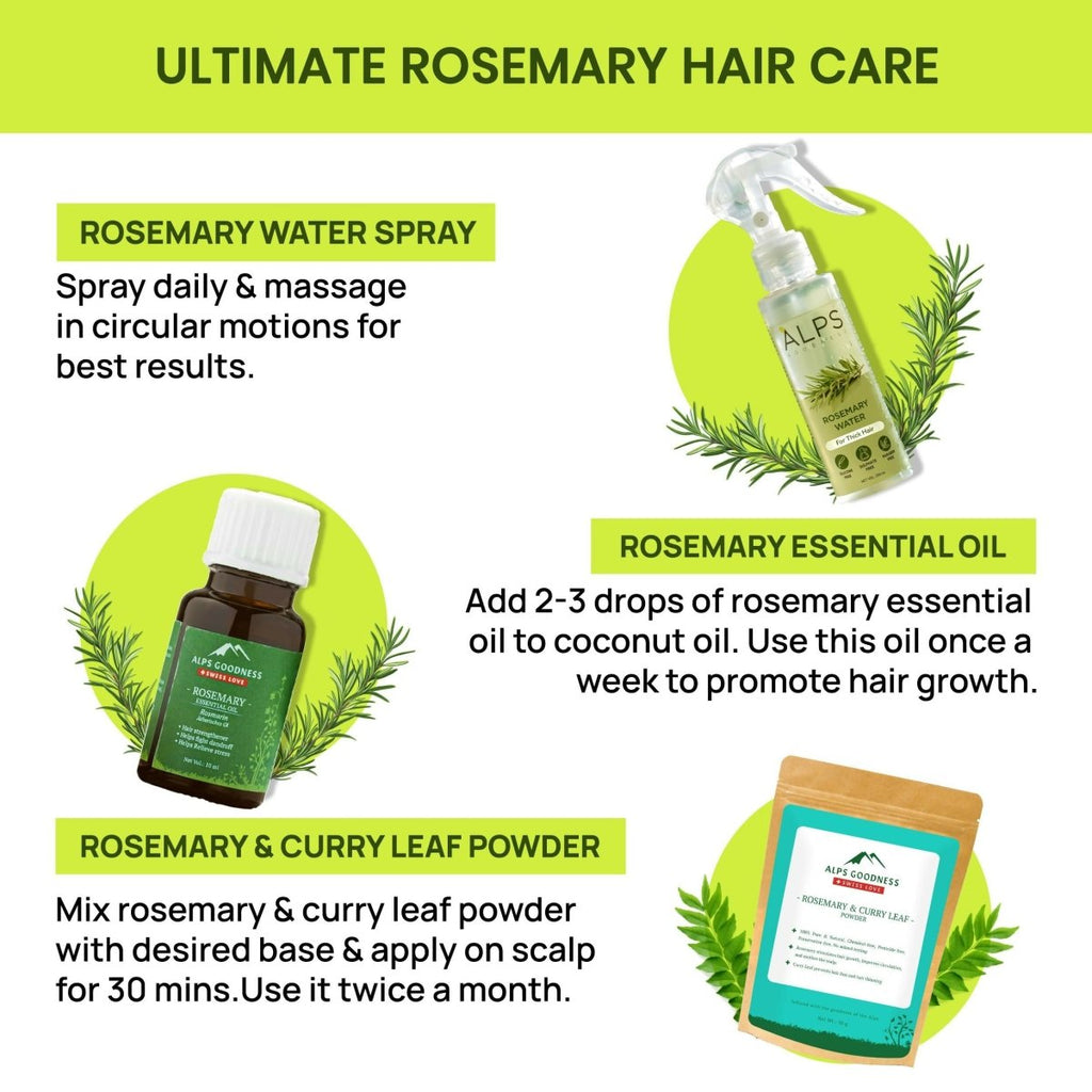 Alps Goodness Rosemary Hair Essentials Kit - Rosemary Water Spray , Rosemary Essential Oil & Rosemary & Curry Leaf Powder | Grocsy
