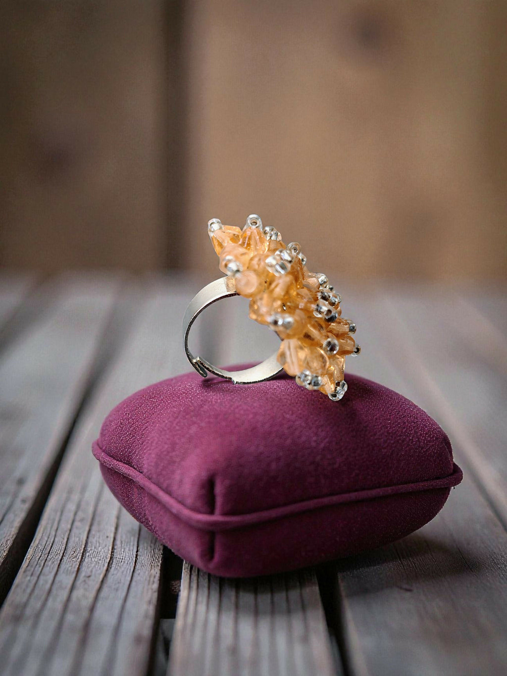 Inhanns Rang-E-Roshan Adjustable Ring – Handmade Crystal Statement Ring - Peach | Grocsy