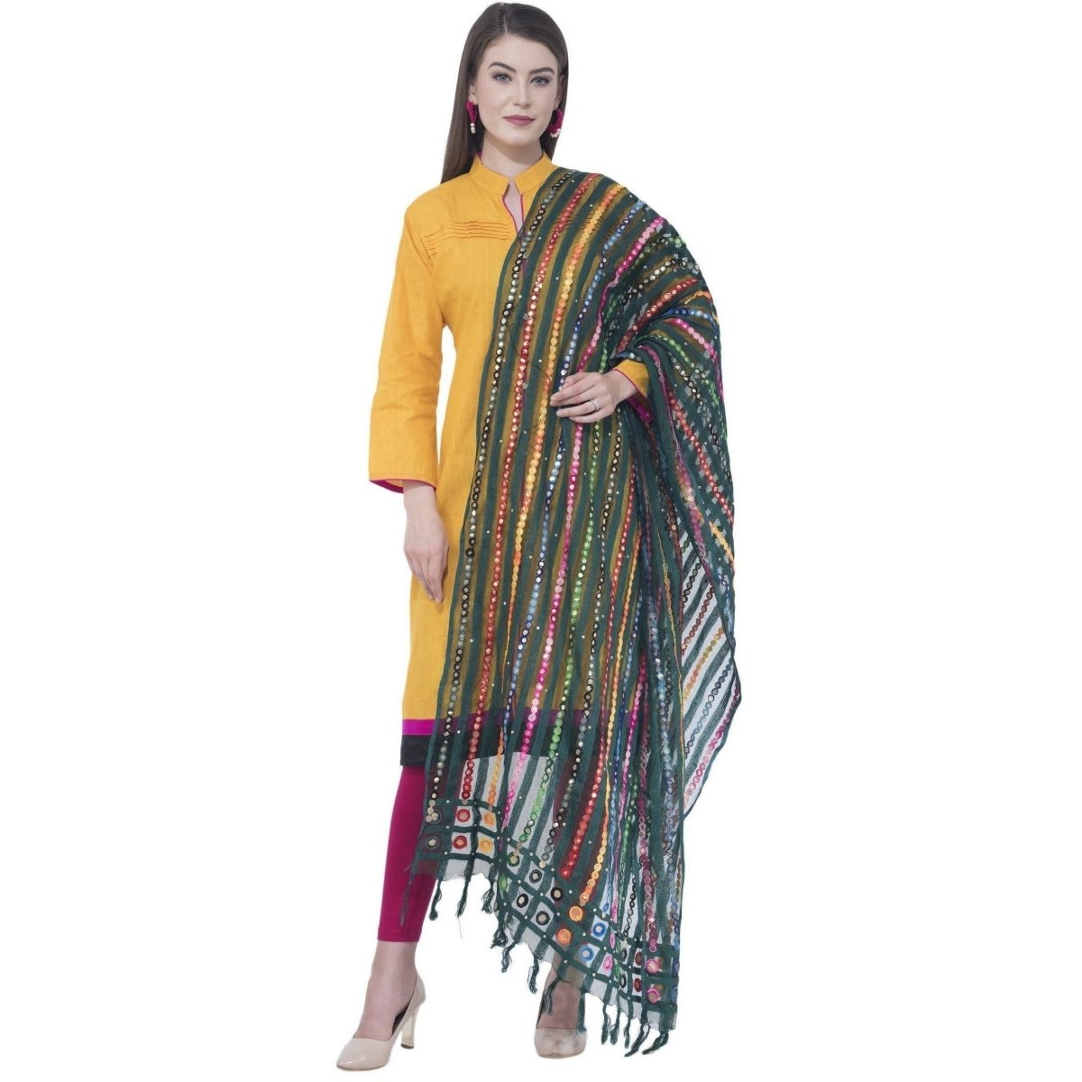 A R Silk Women's Multi Thread Work Orgenza Cotton Bottle Green Dupattas and Chunnis | Grocsy