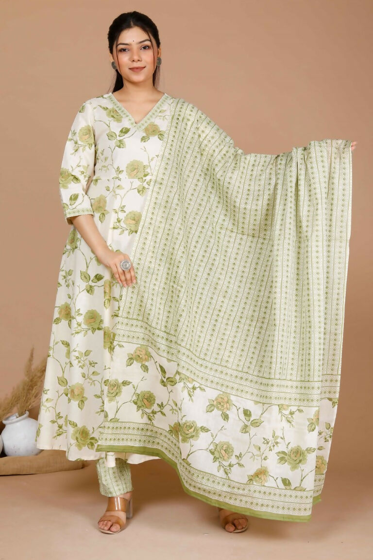 Miravan Women's Green Printed Anarkali Kurta With Palazzo And Dupatta | Grocsy