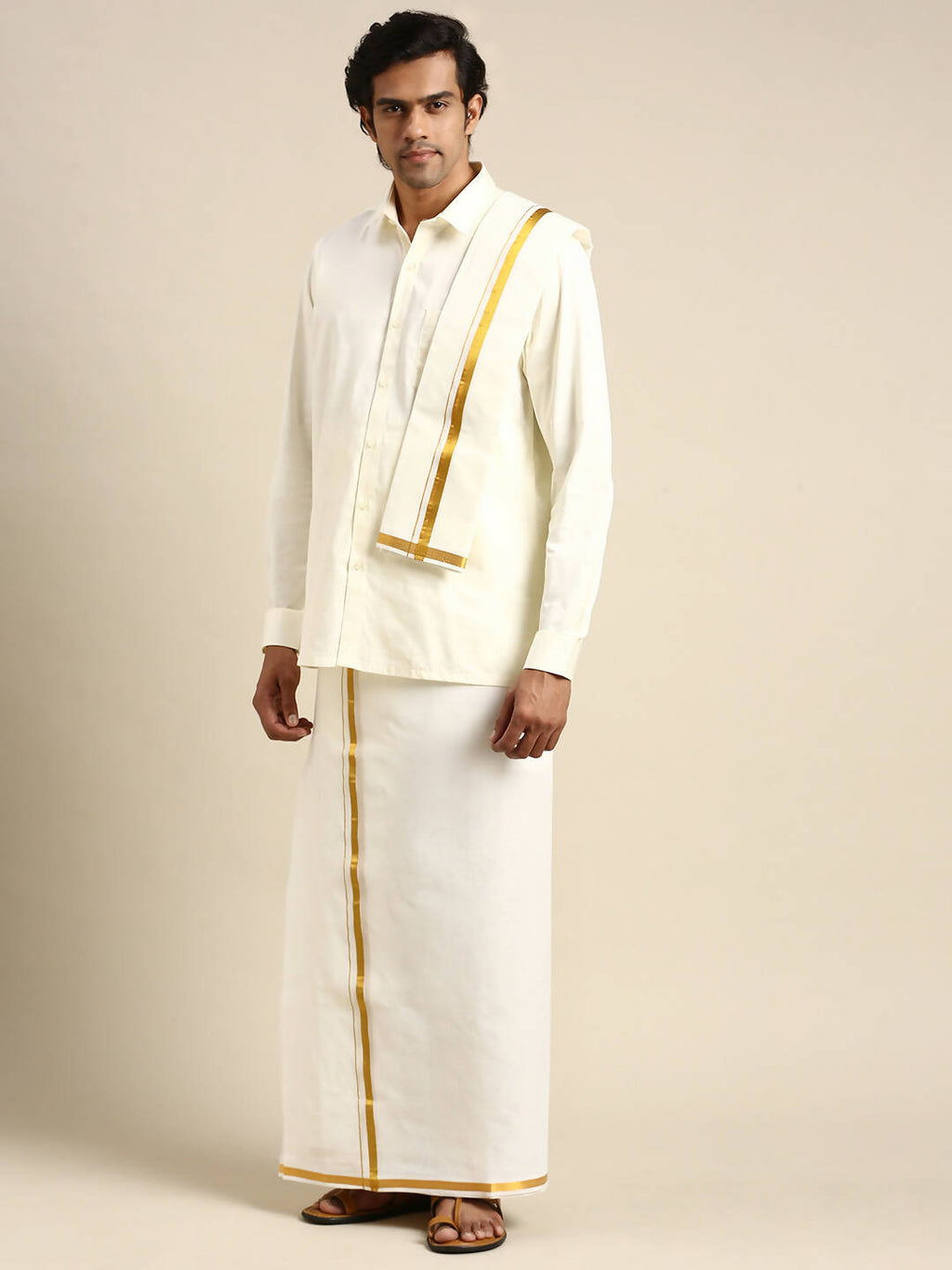 Ramraj Cotton Mens Premium Wedding Cream Dhoti with shirt Bit & Towel Set | Grocsy