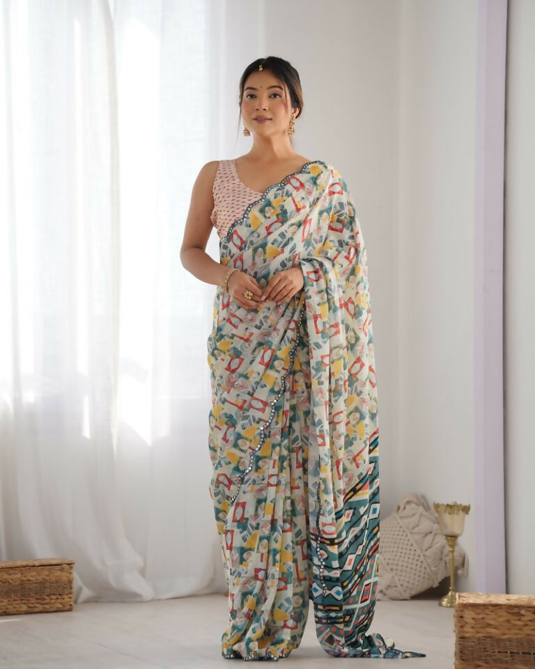 Off White Chinon Designer Digital Printed & Mirror Cut Work Saree - Kriti | Grocsy