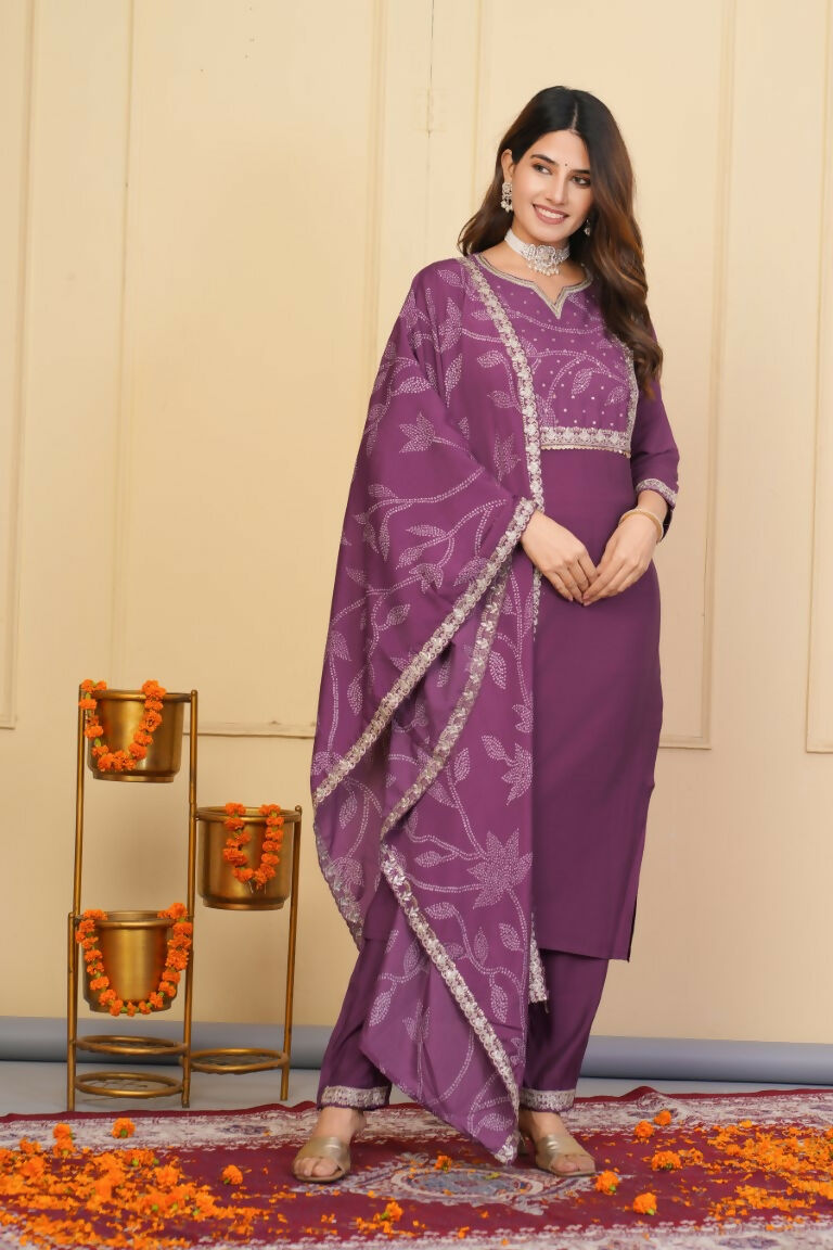 Wine Viscose Chanderi Embroidered Stitched Suit With Dupatta - Tanisha | Grocsy