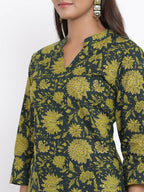 Miravan Women's Green & Yellow Floral Printed Pure Cotton Kurta With Sharara | Grocsy