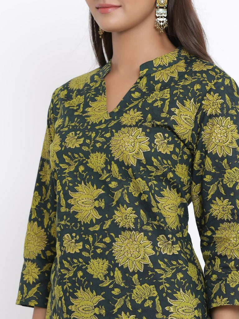 Miravan Women's Green & Yellow Floral Printed Pure Cotton Kurta With Sharara | Grocsy