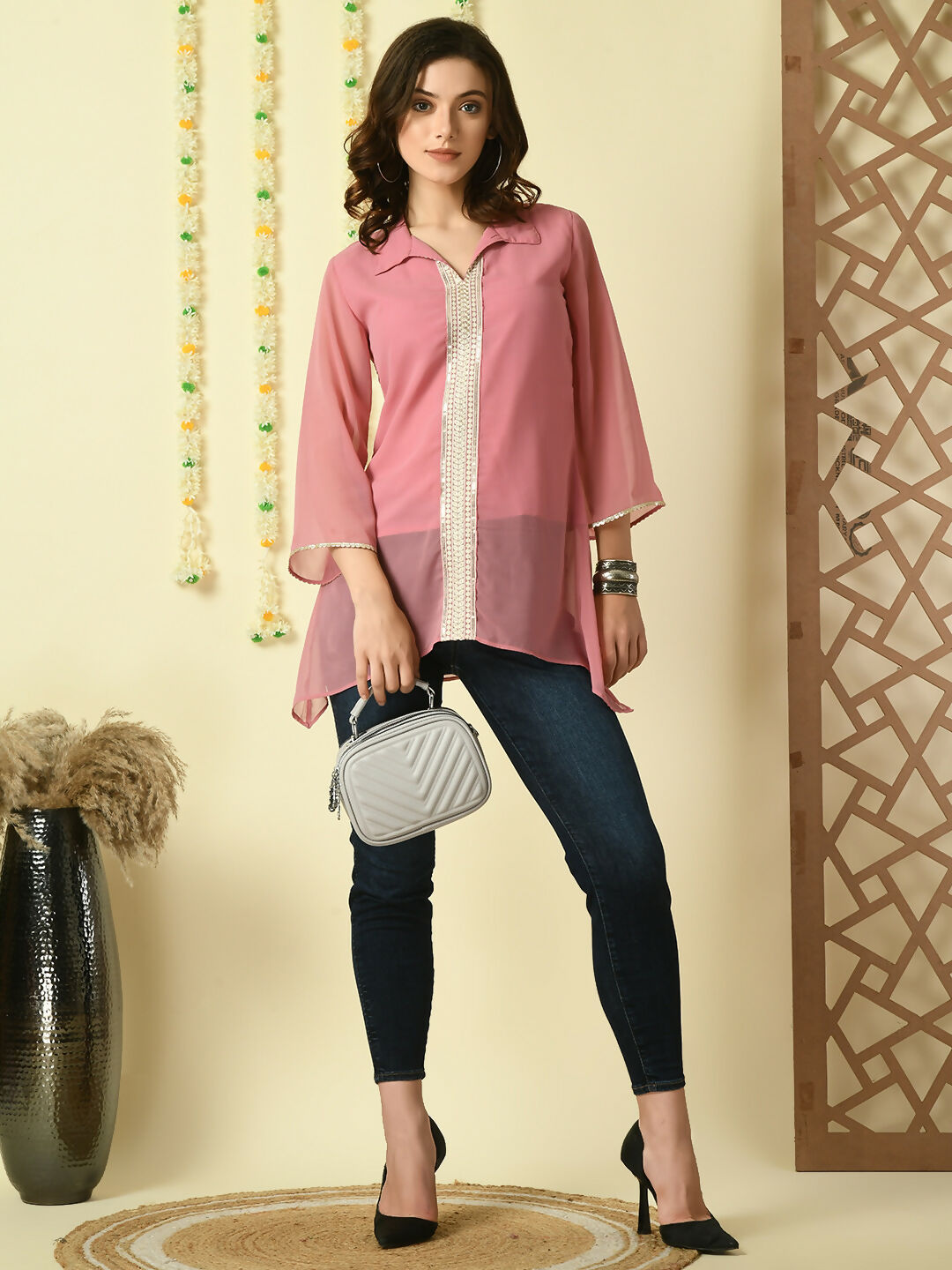 Myshka Women's Pink Embroidered Party Fusion Top | Grocsy