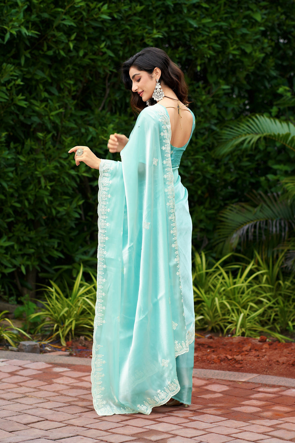 Vastranavya Turquoise Embroidery Work Shimmer Chiffon Saree with Unstitched Blouse | Grocsy