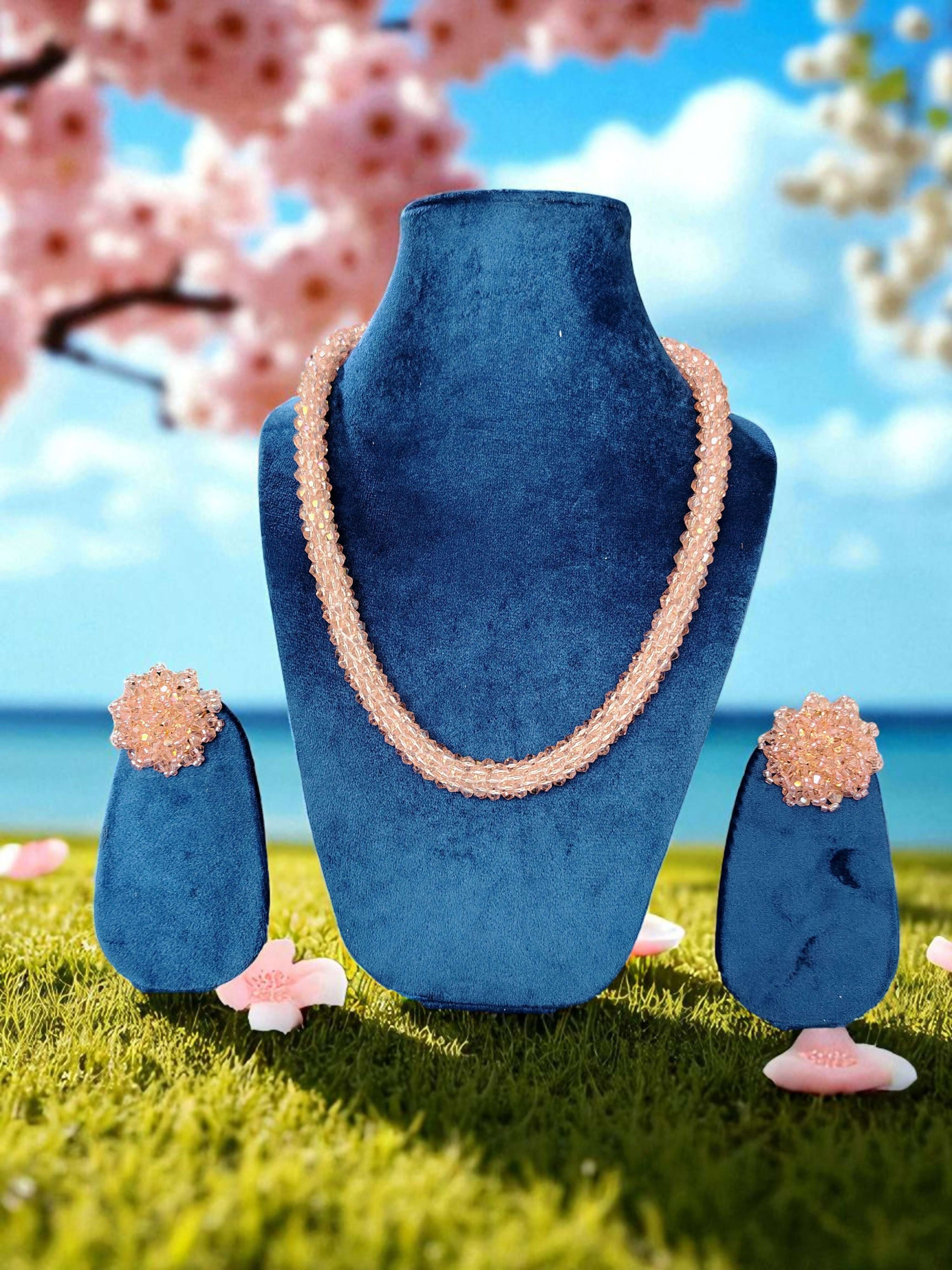 Inhanns Noor-E-Jalwa – Handmade Crystal Bead Necklace / Necklace With Earrings -Adjustable - Peach | Grocsy