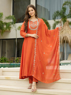 The52 Women's Orange Embroidered Vichitra Silk Fabric Straight Kurta, Pant and Dupatta Set | Grocsy
