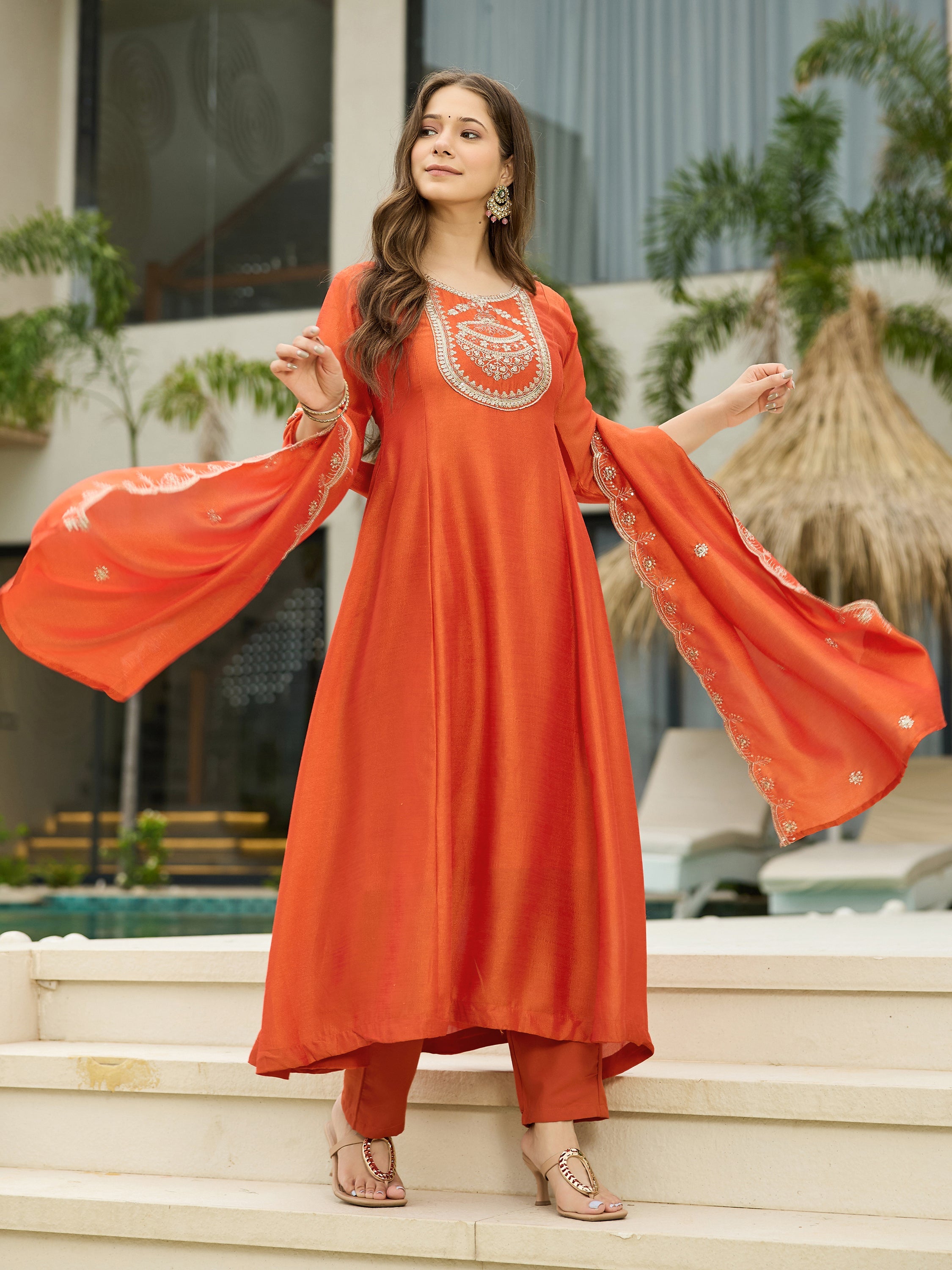 The52 Women's Orange Embroidered Vichitra Silk Fabric Straight Kurta, Pant and Dupatta Set | Grocsy