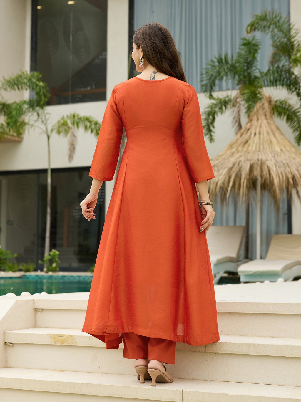 The52 Women's Orange Embroidered Vichitra Silk Fabric Straight Kurta, Pant and Dupatta Set | Grocsy