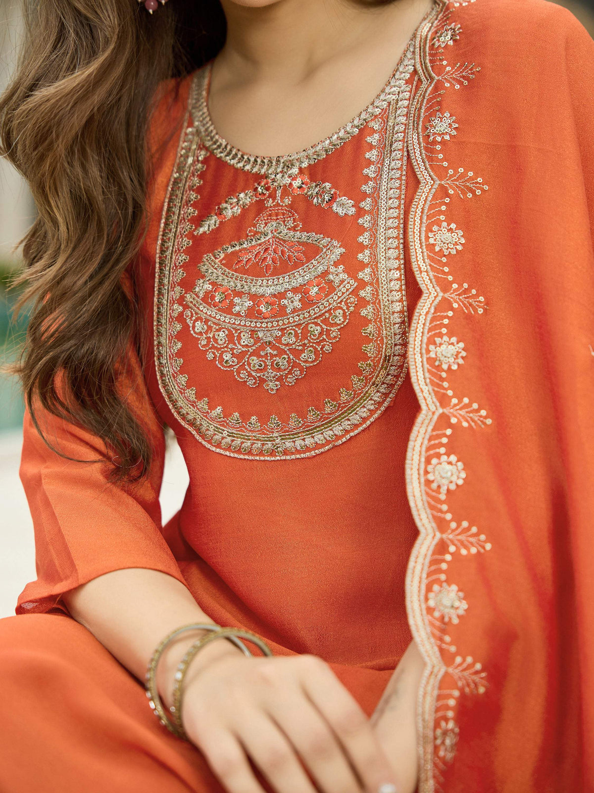 The52 Women's Orange Embroidered Vichitra Silk Fabric Straight Kurta, Pant and Dupatta Set | Grocsy