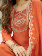 The52 Women's Orange Embroidered Vichitra Silk Fabric Straight Kurta, Pant and Dupatta Set | Grocsy
