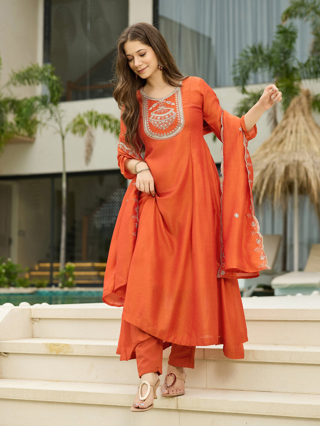 The52 Women's Orange Embroidered Vichitra Silk Fabric Straight Kurta, Pant and Dupatta Set | Grocsy