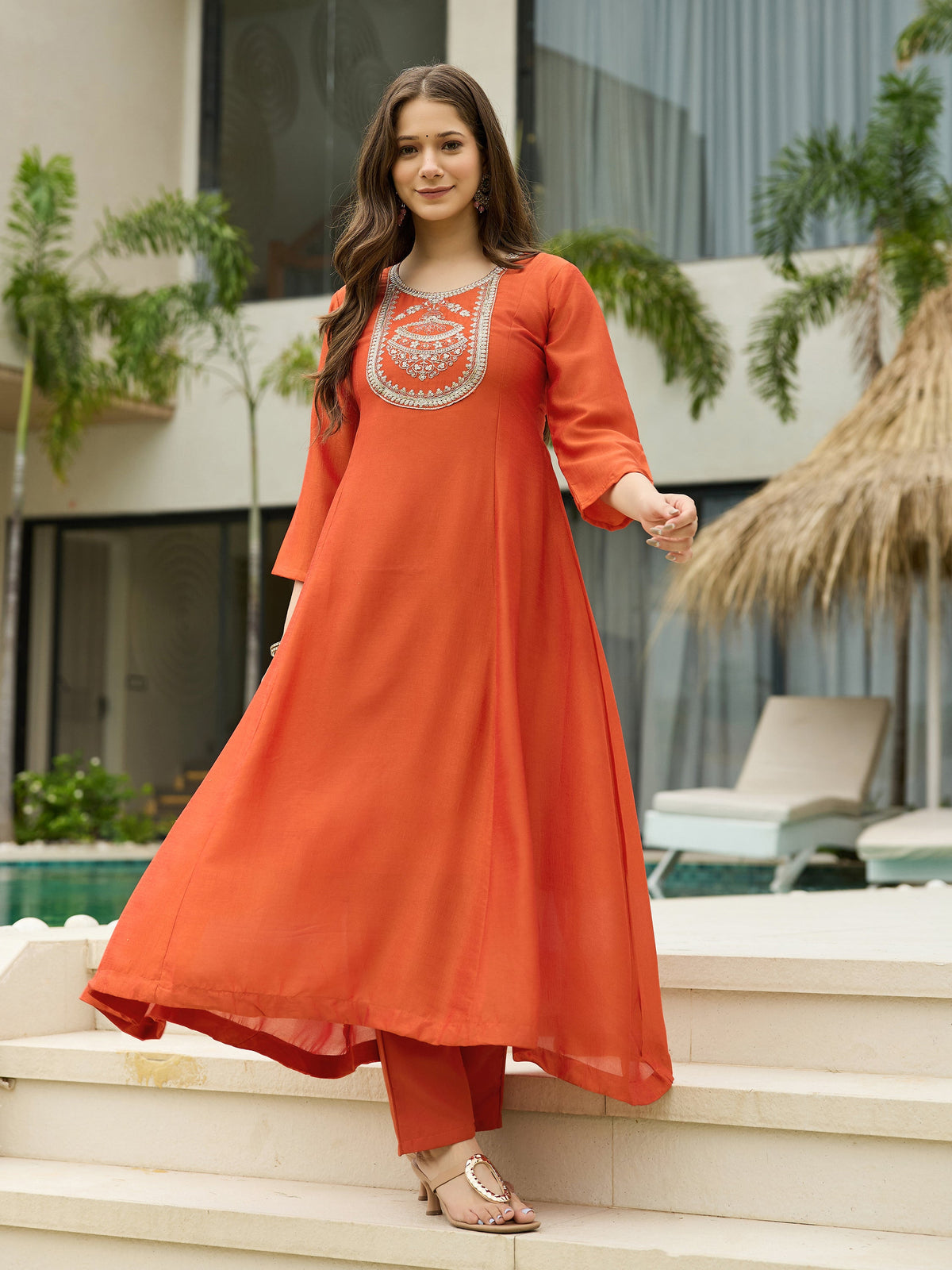 The52 Women's Orange Embroidered Vichitra Silk Fabric Straight Kurta, Pant and Dupatta Set | Grocsy