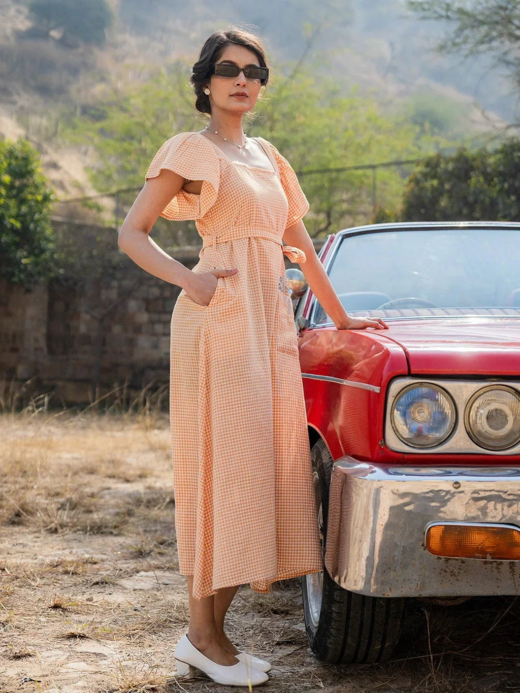 Yufta Orange Checked Dress | Grocsy