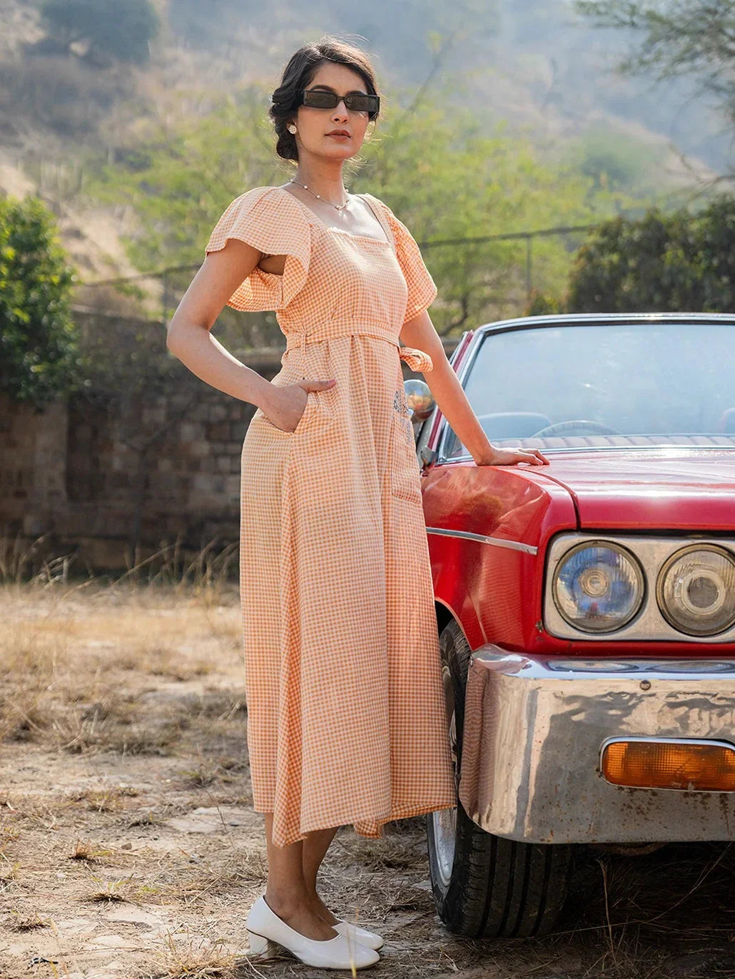 Yufta Orange Checked Dress | Grocsy
