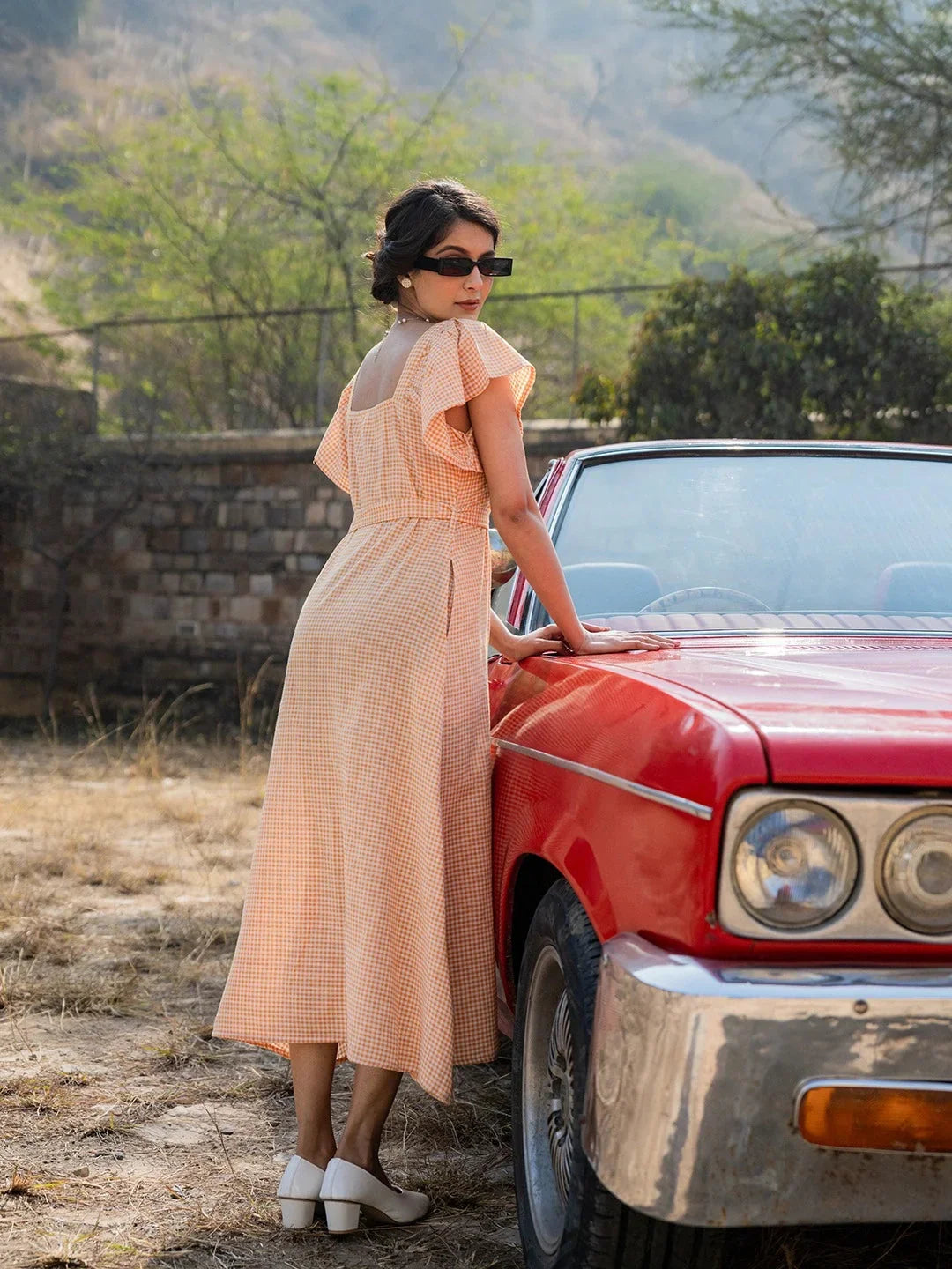 Yufta Orange Checked Dress | Grocsy
