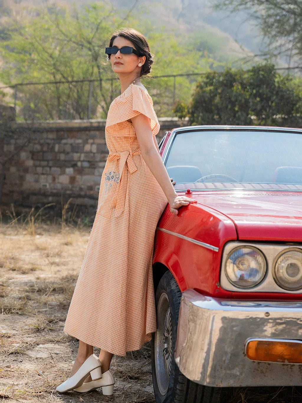 Yufta Orange Checked Dress | Grocsy