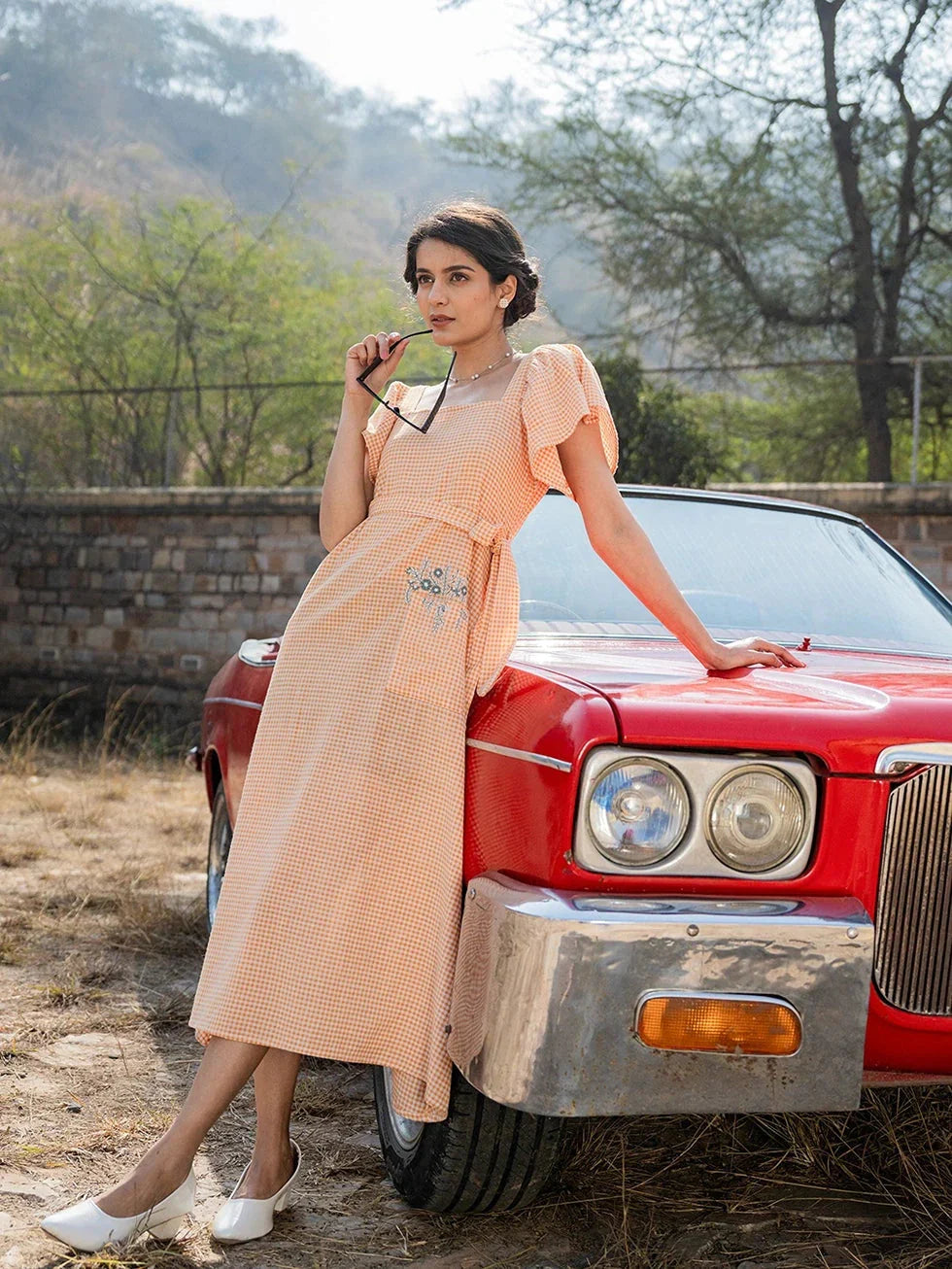 Yufta Orange Checked Dress | Grocsy