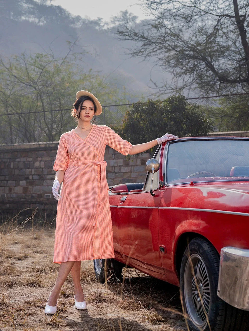Yufta Orange Cotton Check Comes With A Belt Dress | Grocsy