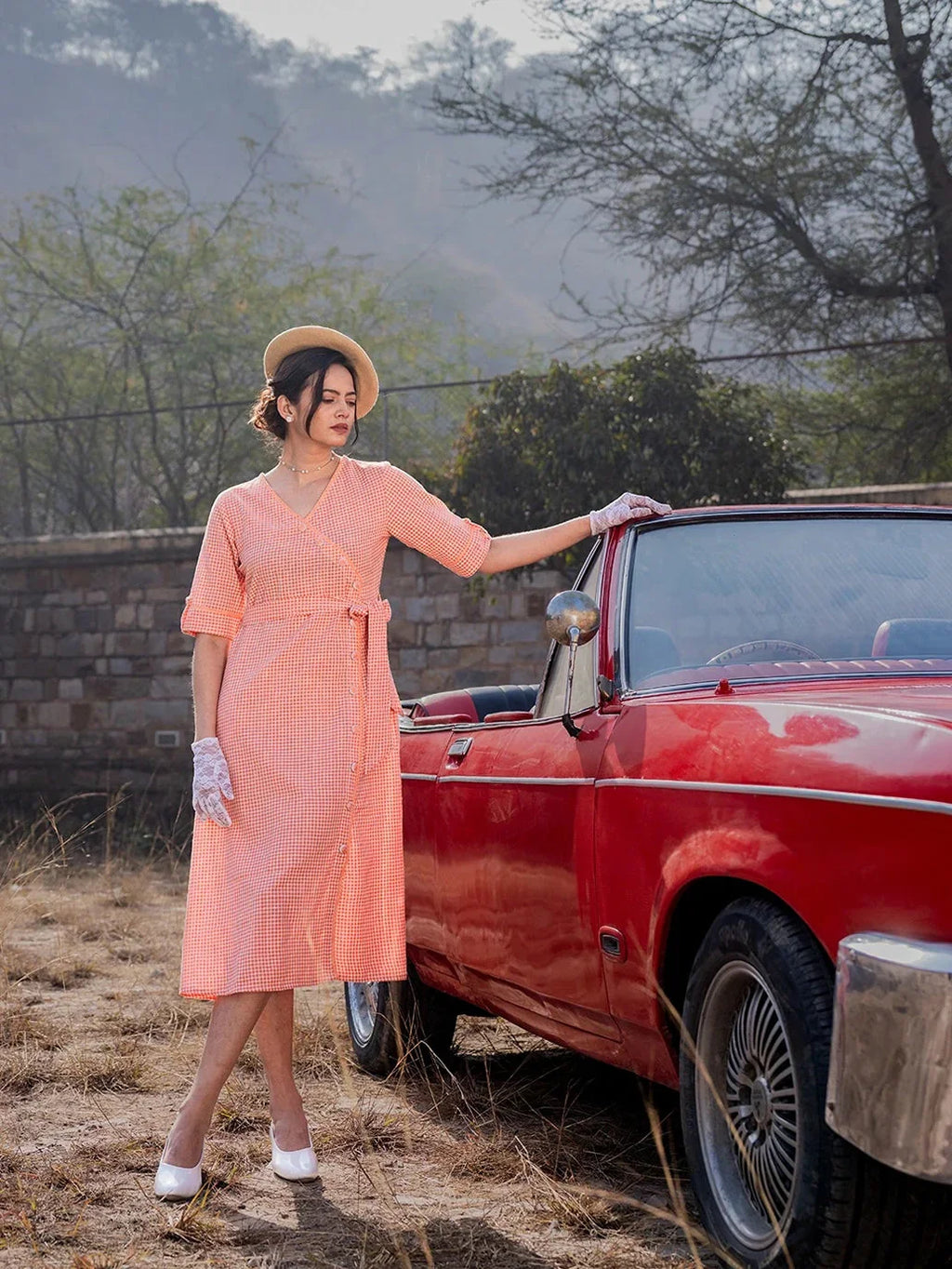 Yufta Orange Cotton Check Comes With A Belt Dress | Grocsy