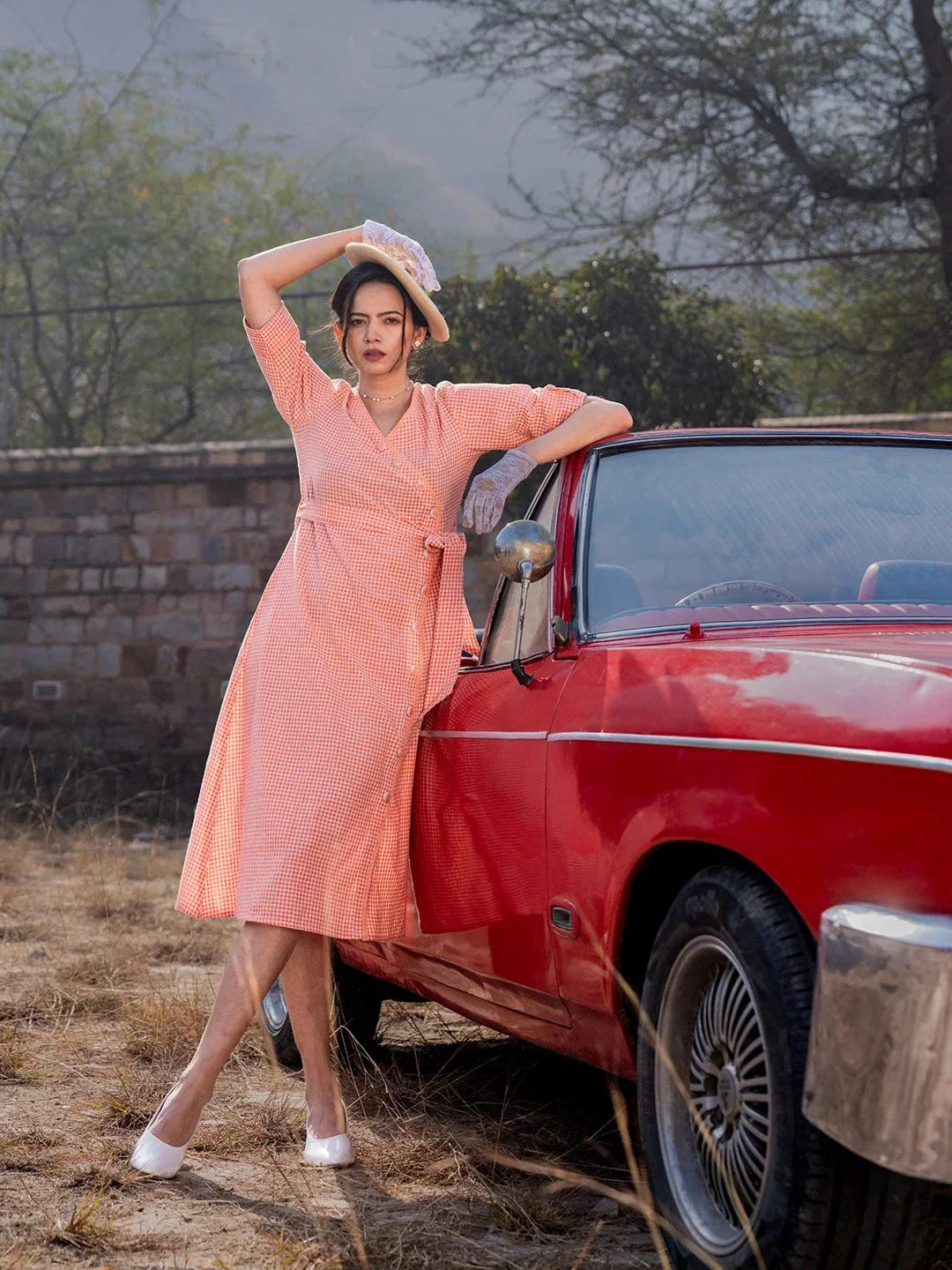Yufta Orange Cotton Check Comes With A Belt Dress | Grocsy