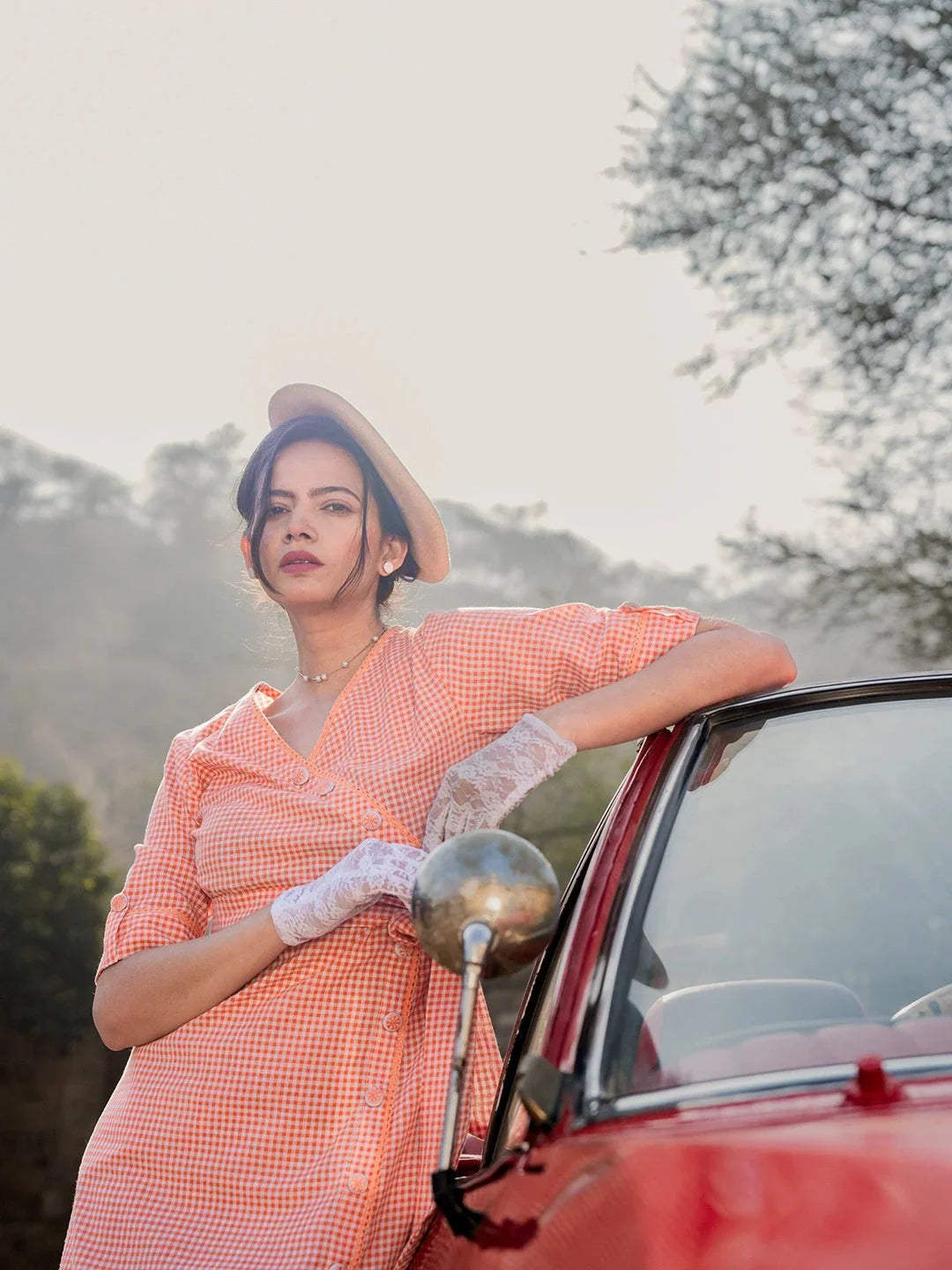 Yufta Orange Cotton Check Comes With A Belt Dress | Grocsy