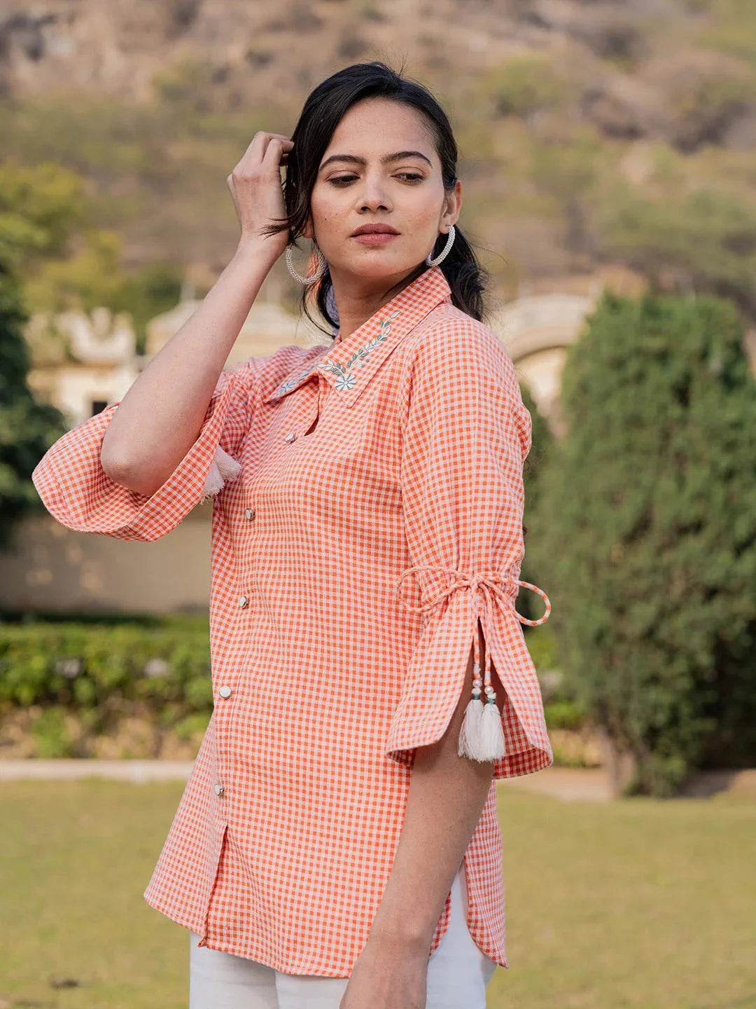 Yufta Orange Cotton Checks Printed Embroidery Top | Grocsy