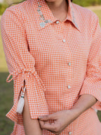 Yufta Orange Cotton Checks Printed Embroidery Top | Grocsy