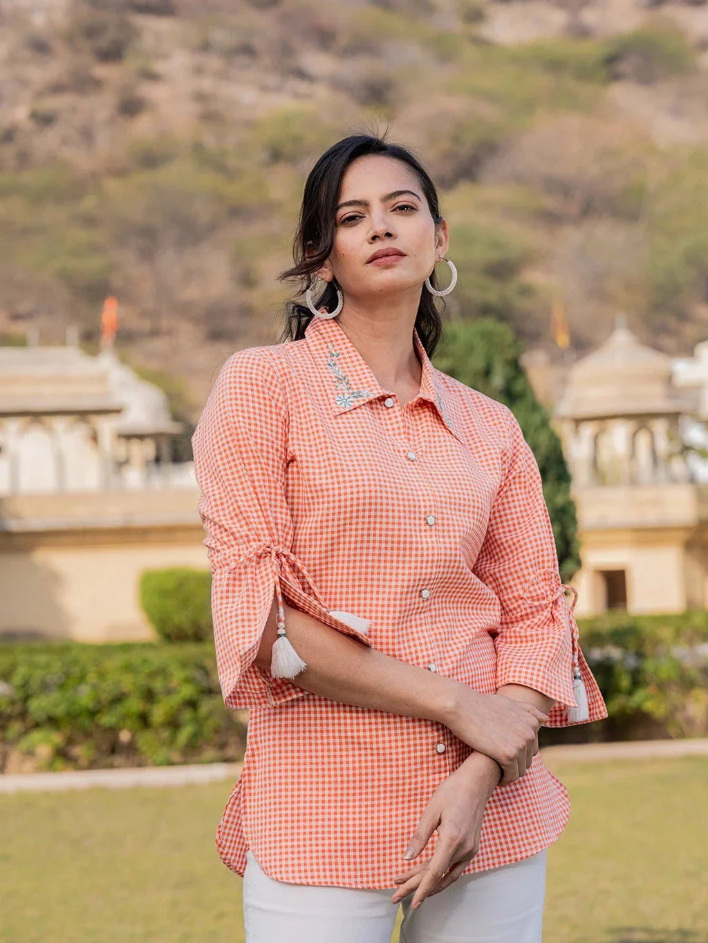 Yufta Orange Cotton Checks Printed Embroidery Top | Grocsy