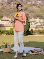Yufta Orange Cotton Checks Printed Embroidery Top | Grocsy