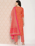 Yufta Orange Floral Printed Regular Sequinned Pure Cotton Kurta with Trousers & Dupatta Set | Grocsy