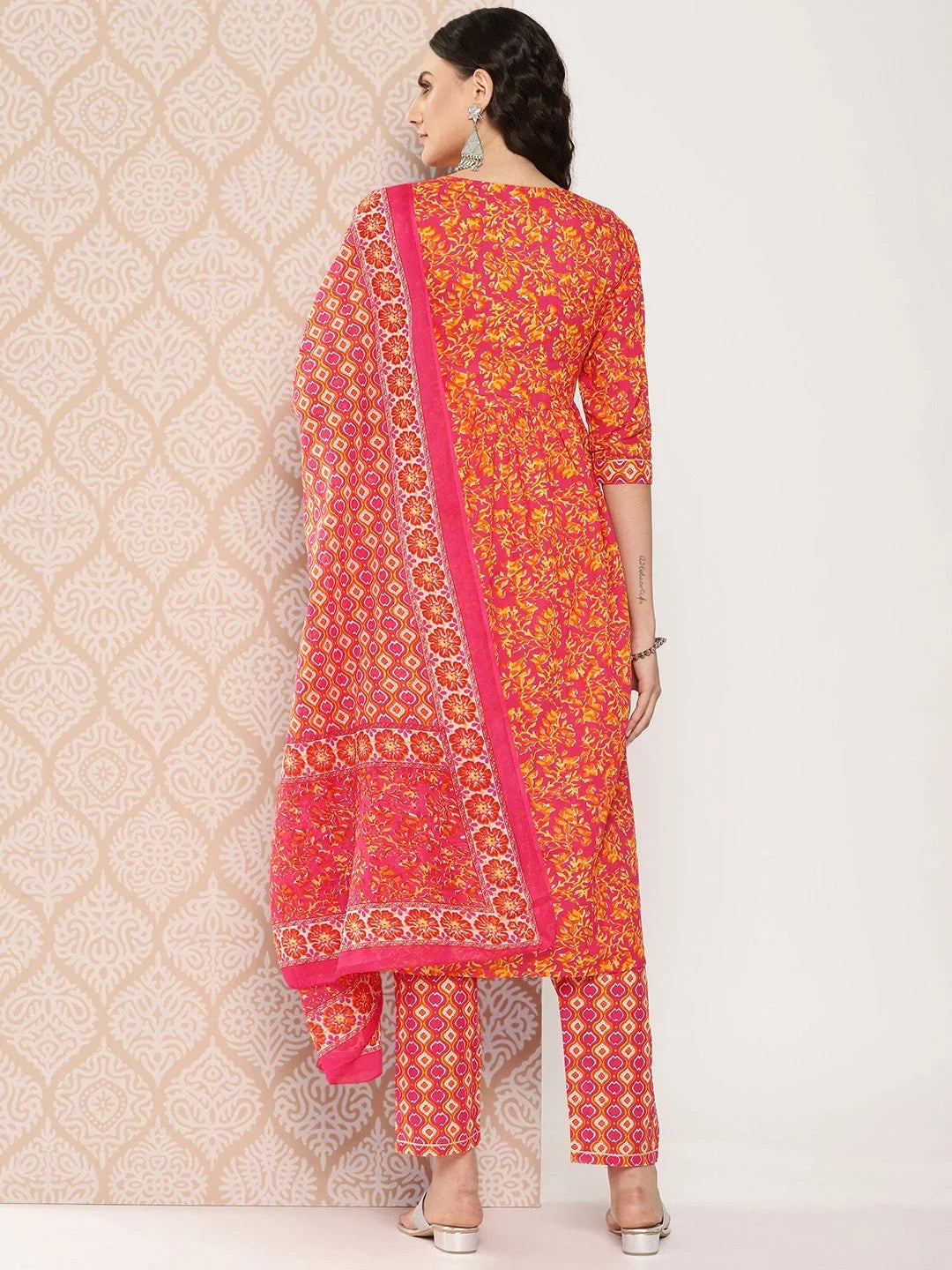 Yufta Orange Floral Printed Regular Sequinned Pure Cotton Kurta with Trousers & Dupatta Set | Grocsy