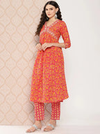 Yufta Orange Floral Printed Regular Sequinned Pure Cotton Kurta with Trousers & Dupatta Set | Grocsy