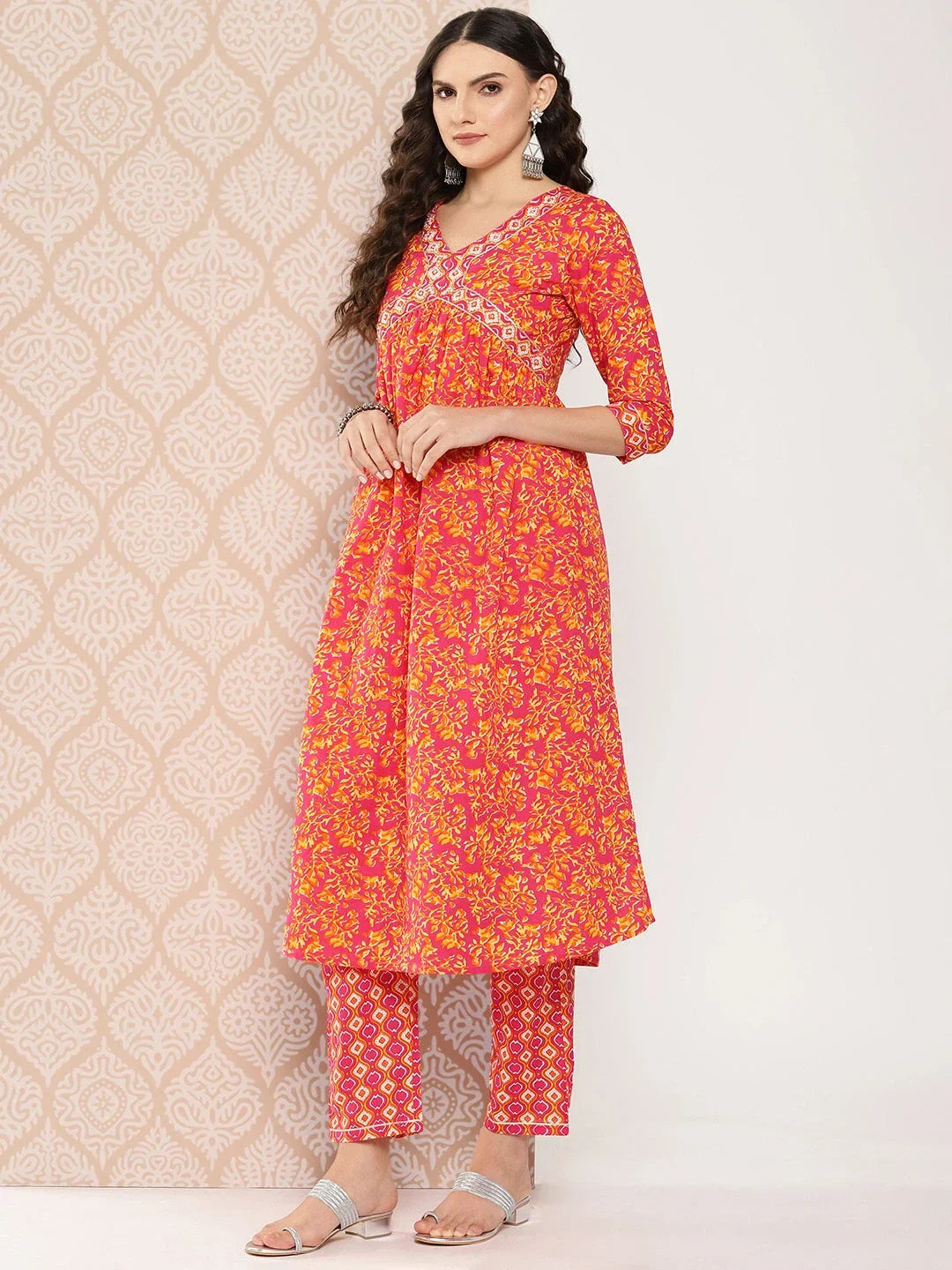 Yufta Orange Floral Printed Regular Sequinned Pure Cotton Kurta with Trousers & Dupatta Set | Grocsy