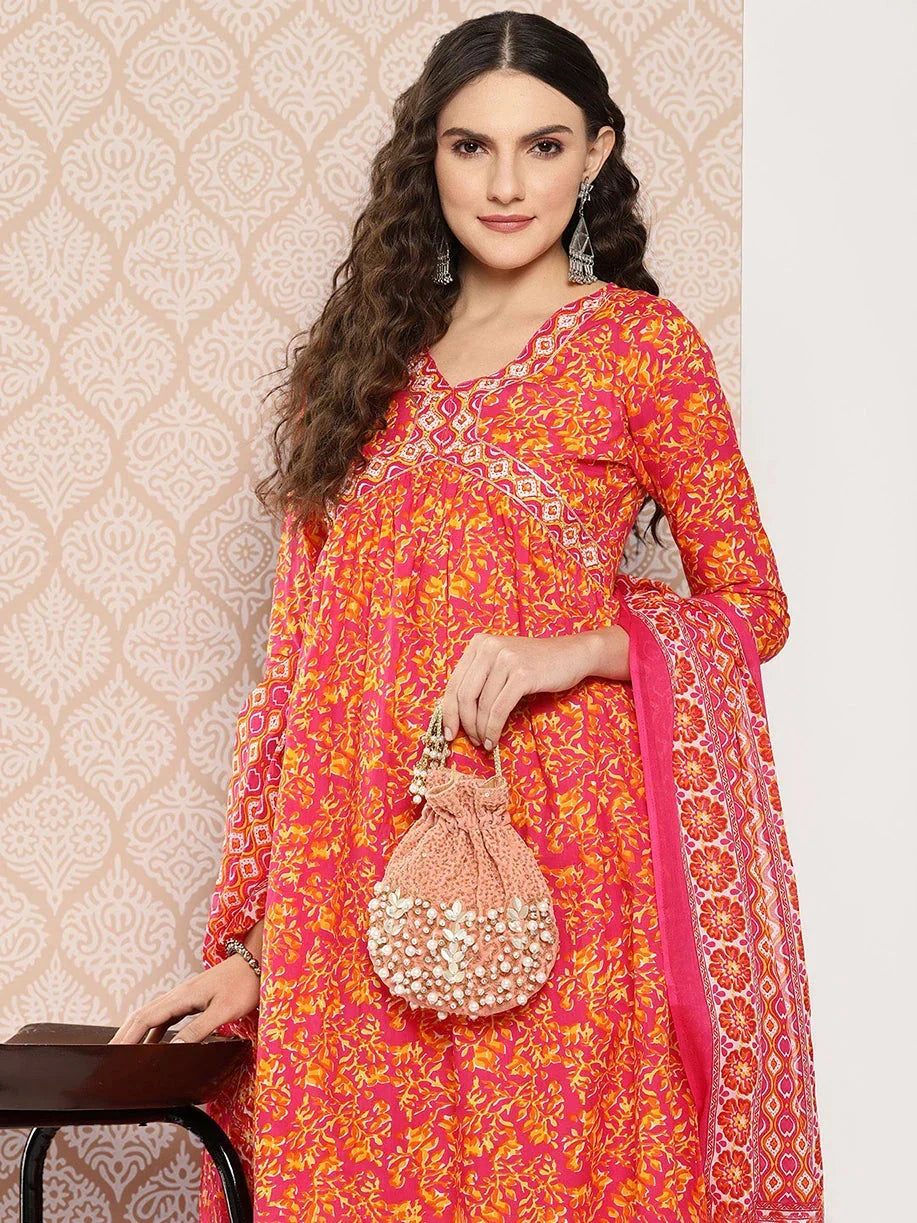 Yufta Orange Floral Printed Regular Sequinned Pure Cotton Kurta with Trousers & Dupatta Set | Grocsy