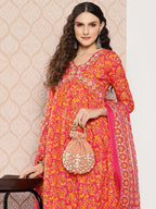 Yufta Orange Floral Printed Regular Sequinned Pure Cotton Kurta with Trousers & Dupatta Set | Grocsy