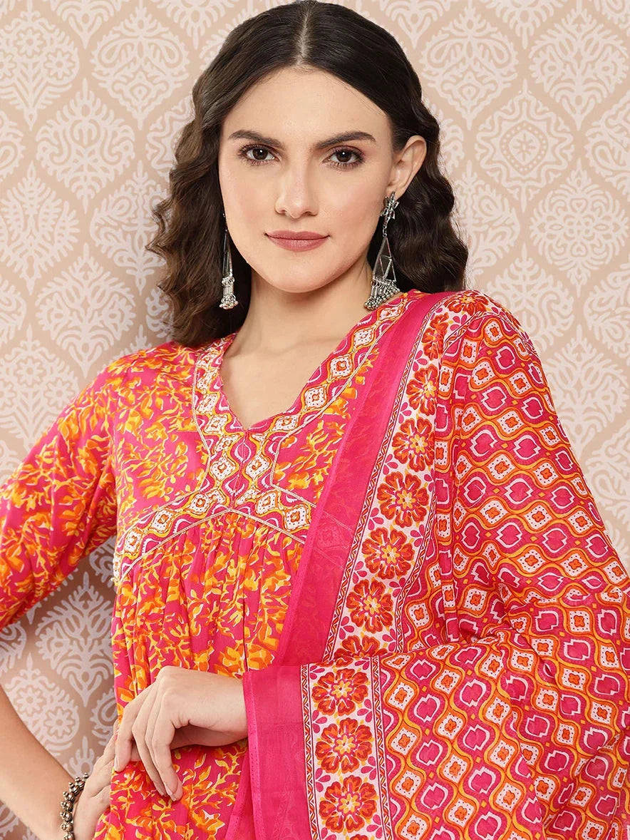 Yufta Orange Floral Printed Regular Sequinned Pure Cotton Kurta with Trousers & Dupatta Set | Grocsy