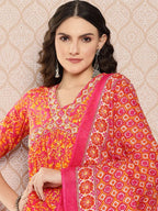 Yufta Orange Floral Printed Regular Sequinned Pure Cotton Kurta with Trousers & Dupatta Set | Grocsy