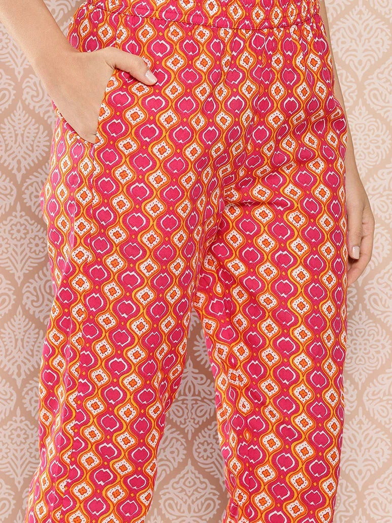 Yufta Orange Floral Printed Regular Sequinned Pure Cotton Kurta with Trousers & Dupatta Set | Grocsy
