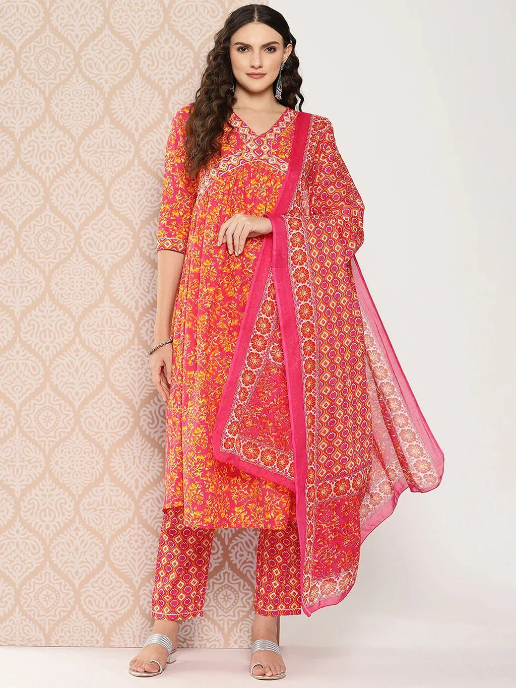 Yufta Orange Floral Printed Regular Sequinned Pure Cotton Kurta with Trousers & Dupatta Set | Grocsy